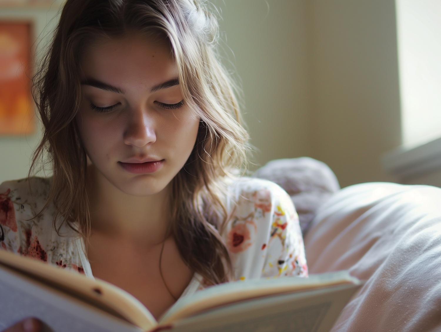 A reader visibly relaxing and smiling as they switch from a serious, intense book to a more lighthearted and humorous read.