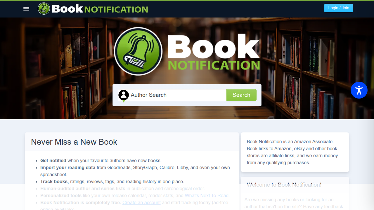 Screenshot of the Book Notification website, a resource for discovering popular books and authors.