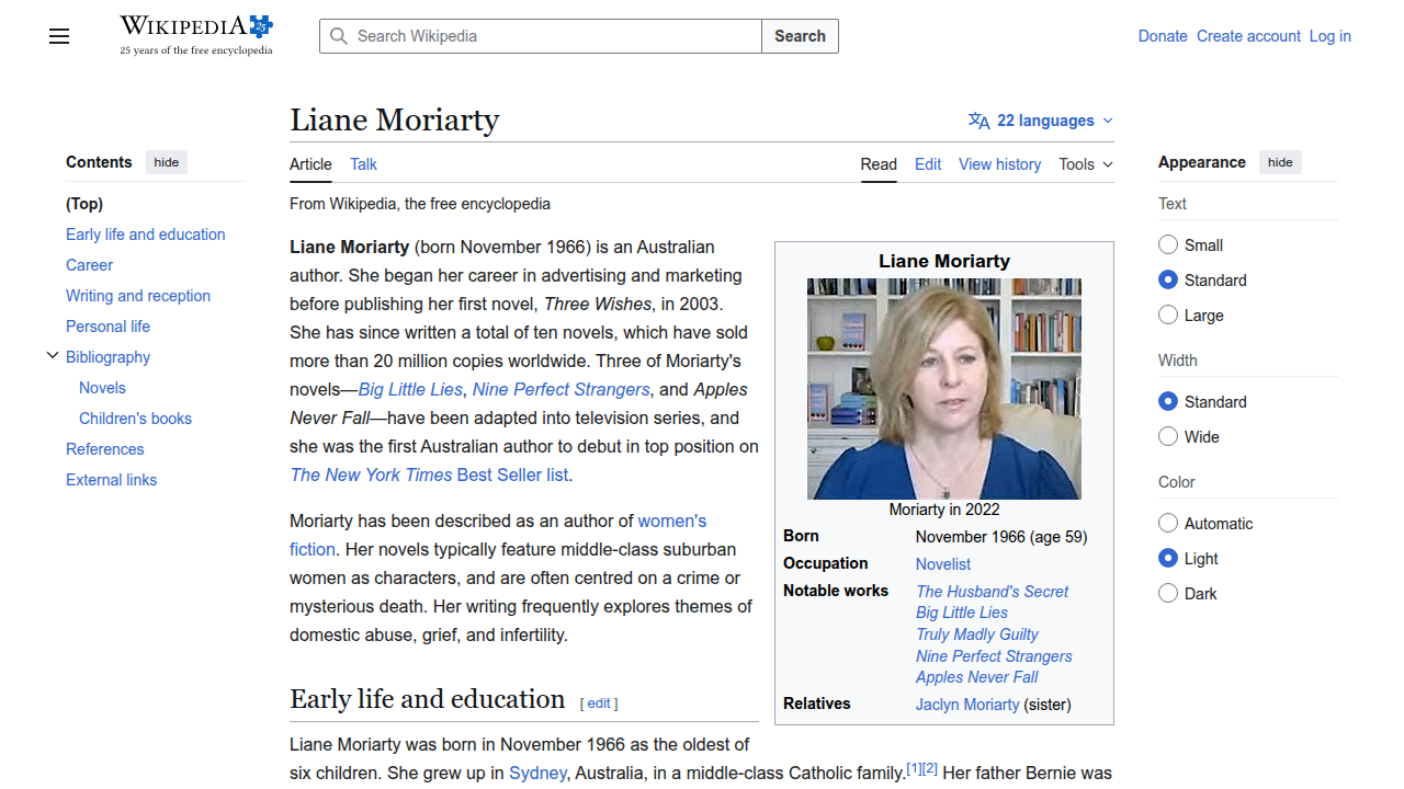 Screenshot of Liane Moriarty's Wikipedia page, detailing her bibliography and career.