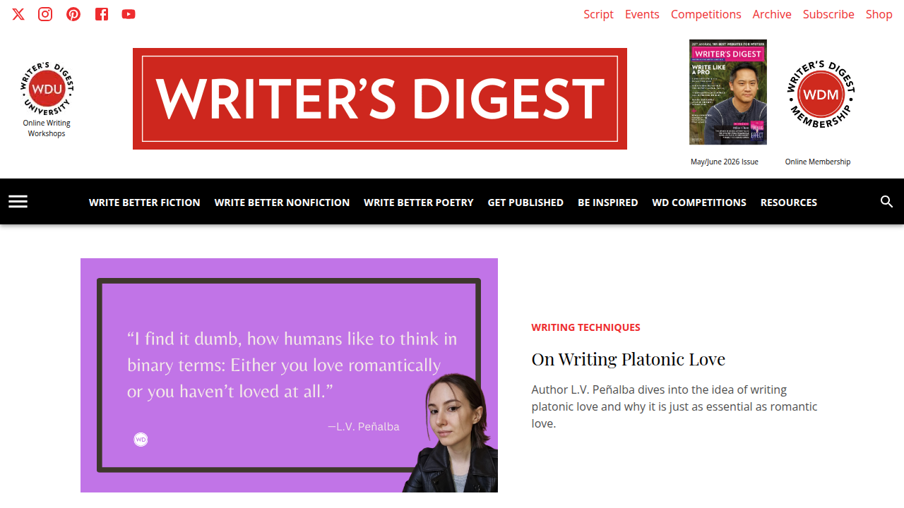 Screenshot of the Writer's Digest website, a valuable resource for authors and aspiring writers.