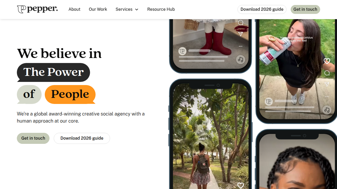 Screenshot of Pepper Agency's website, an authority on influencer marketing and social media trends.