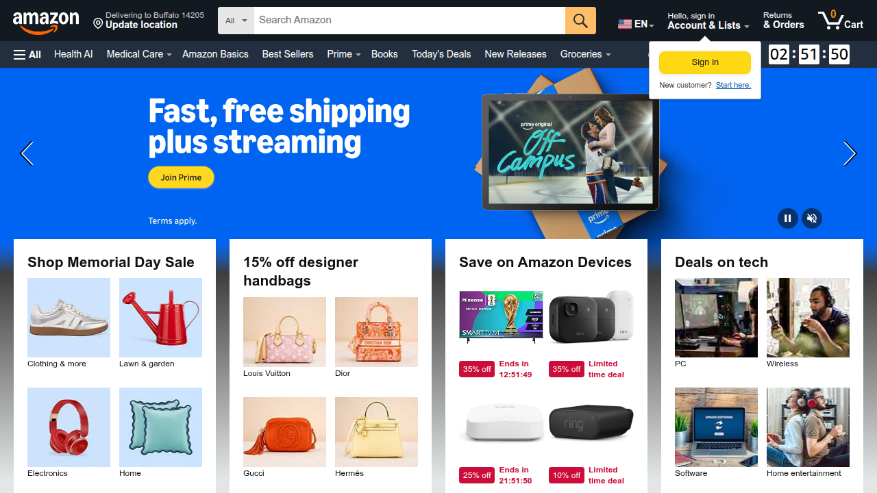 A screenshot of the Amazon homepage, a common platform for discovering and purchasing books, including humorous novels.
