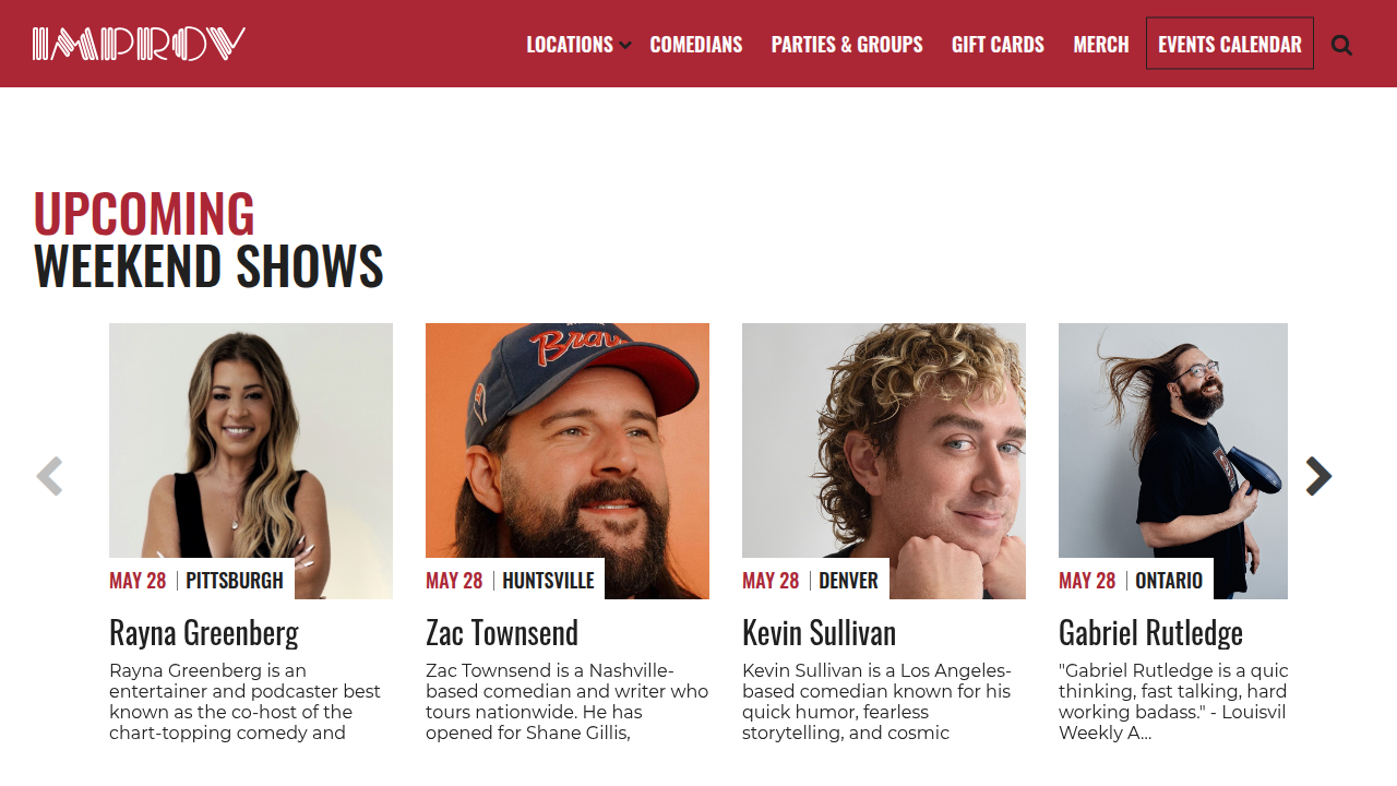 A screenshot of Improv.com, a major platform for stand-up comedy and digital humorists like Funny Marco.