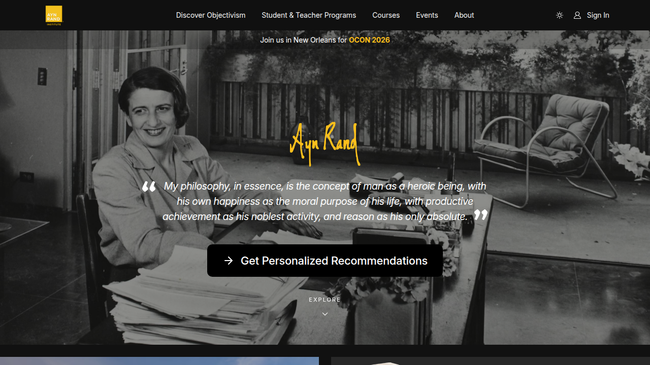 Screenshot of the Ayn Rand Institute's homepage, a leading organization dedicated to Objectivism.