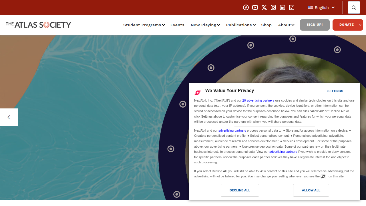 Screenshot of The Atlas Society's homepage, an organization promoting Objectivism and Rand's ideas.