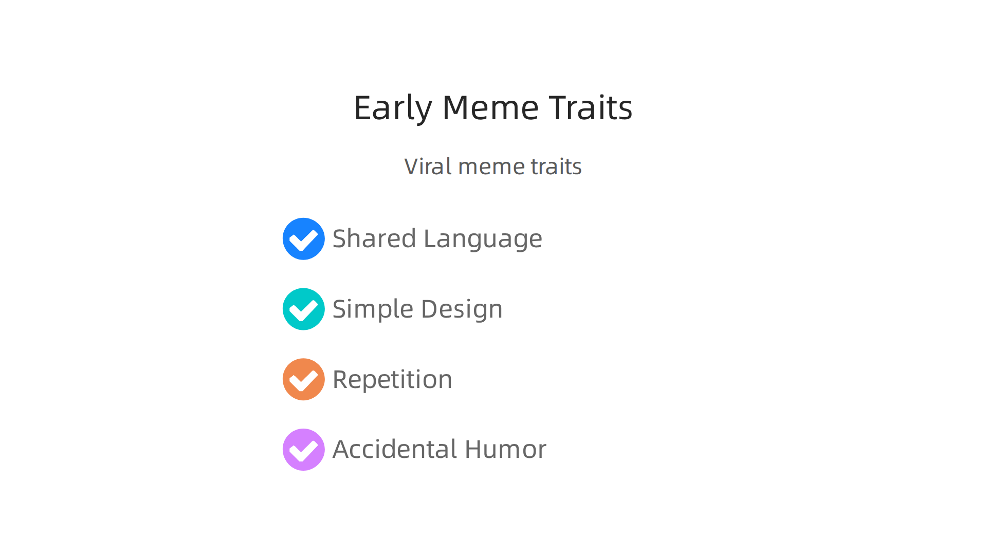 An infographic summarizing the defining characteristics that allowed early internet memes like the Dancing Baby and Hamster Dance to go viral.