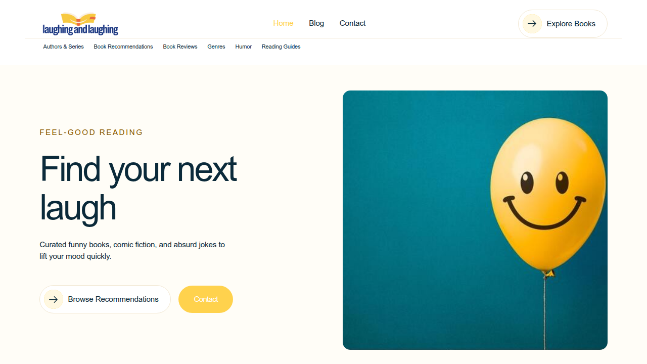 A screenshot of the Laughing & Laughing website, representing a source for humorous content and books, connecting to the article's broader theme of comedy.