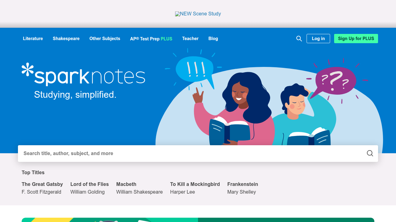 Screenshot of the Sparknotes homepage, a popular resource for literary themes and analysis, including discussions on the power of words.