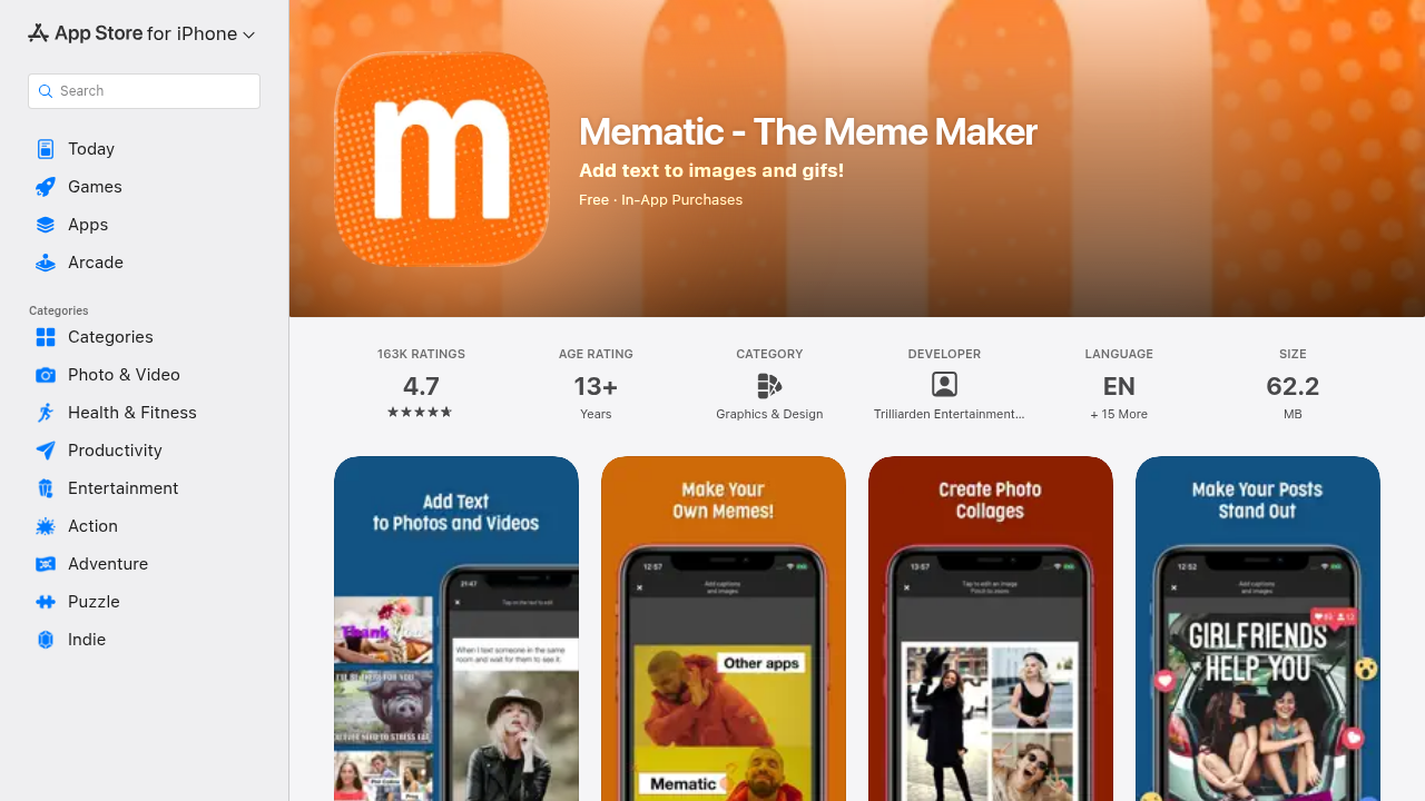 The Apple App Store page for Mematic, a popular mobile application for creating memes.
