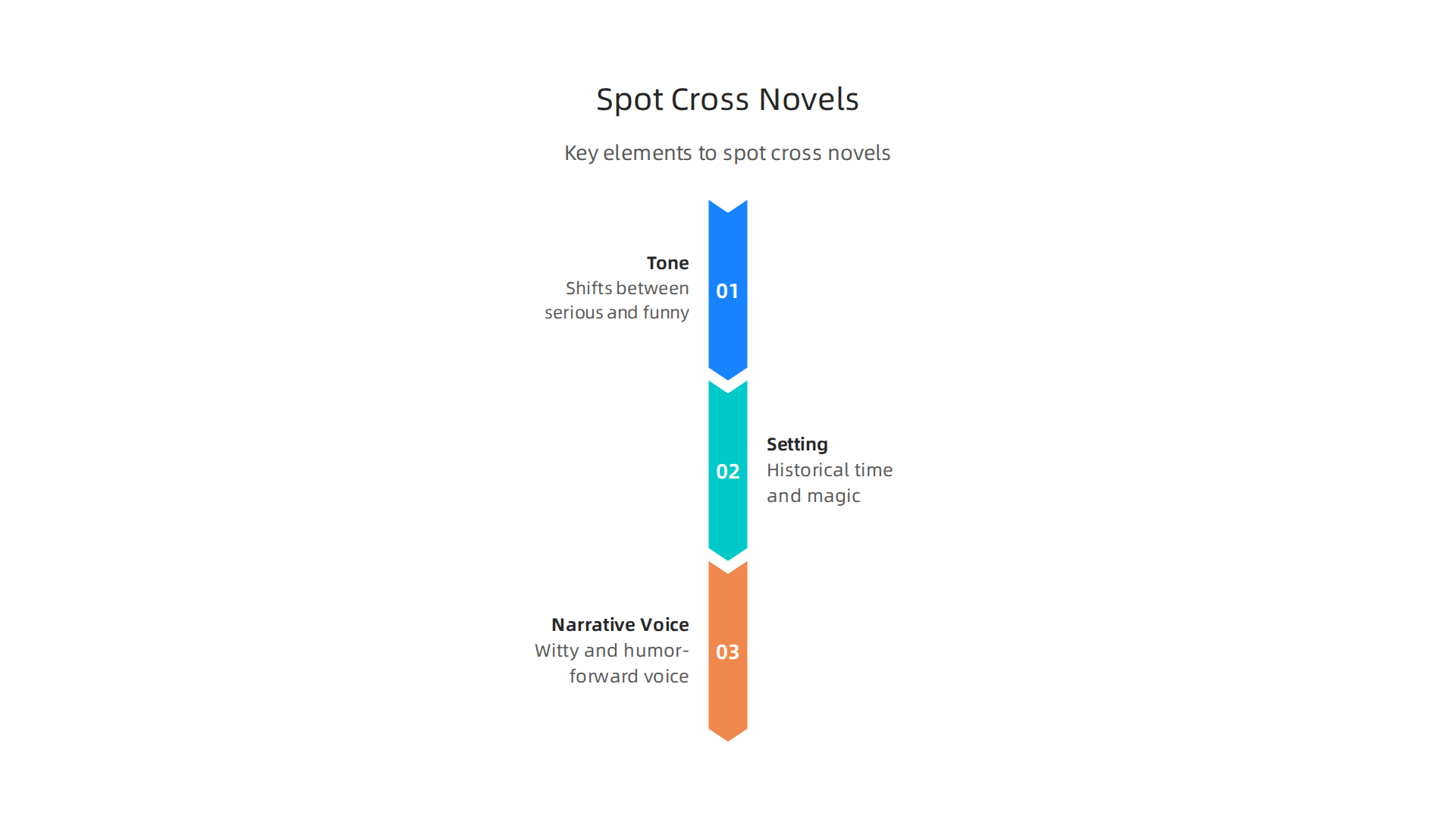 An infographic highlighting key elements like tone, setting, and narrative voice to help readers identify cross novels.