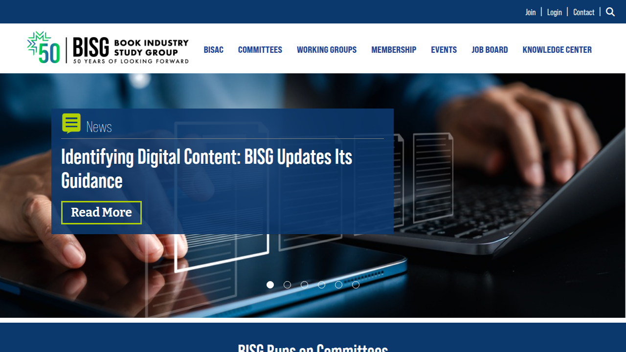 A screenshot of the Book Industry Study Group (BISG) homepage, a resource for metadata and industry insights.